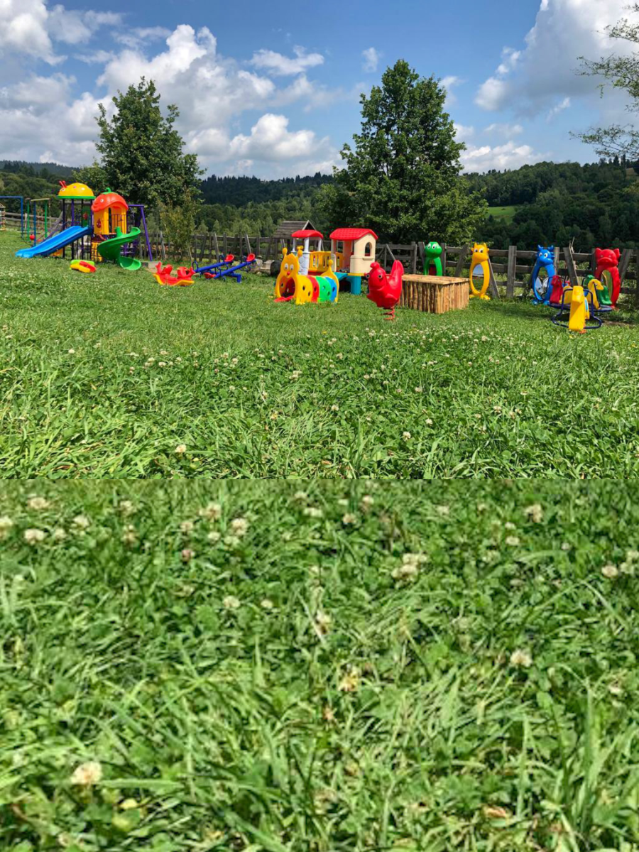 Loc de joacă colorat pe pajiște, cu tobogane și dealuri din Întorsura Buzăului